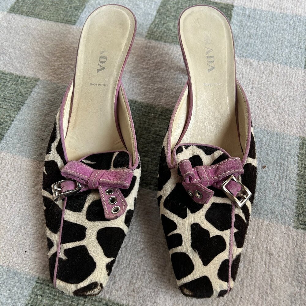 Vintage Prada Mules Giraffe Print with Purple Leather Trim Size 38 (7.5)